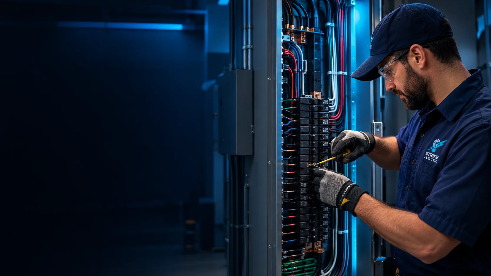 A Strike Electric electrician landing wires on a commercial panel