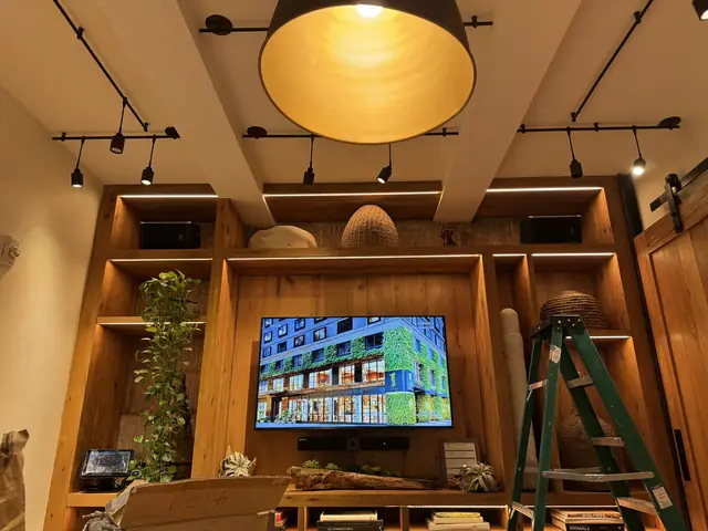 Track lights and a pendant over a custom wood wall unit
