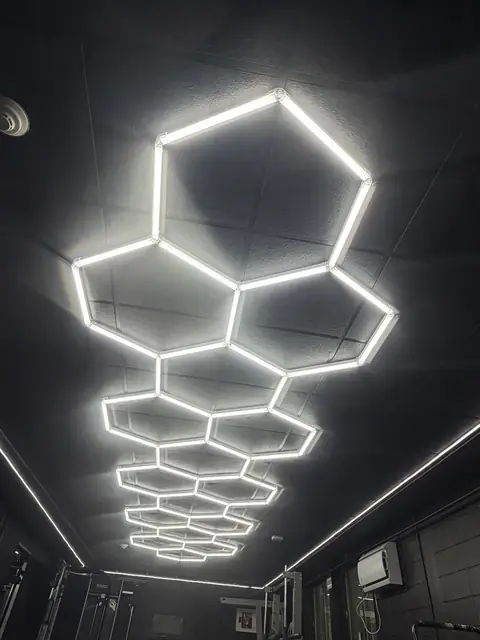 Hexagon LED ceiling lighting in a gym